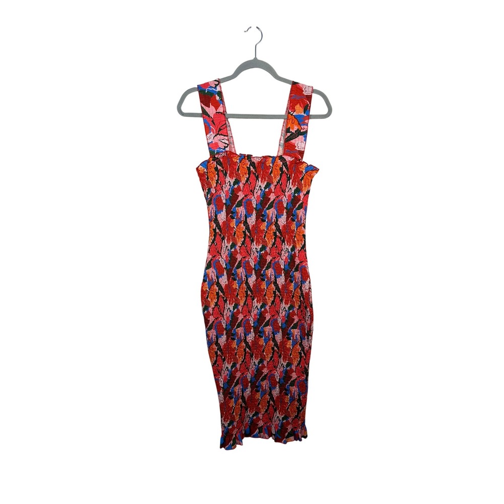 SNDYS Dress Women 8 Red Multicolor Excellent Smocked Floral Ruffle Bodycon Midi